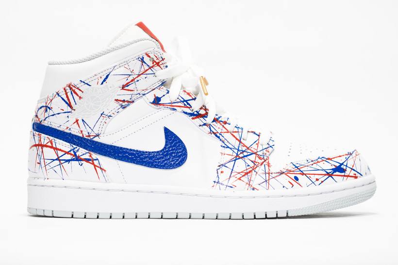 Jordan 1 with red and blue paint splatter